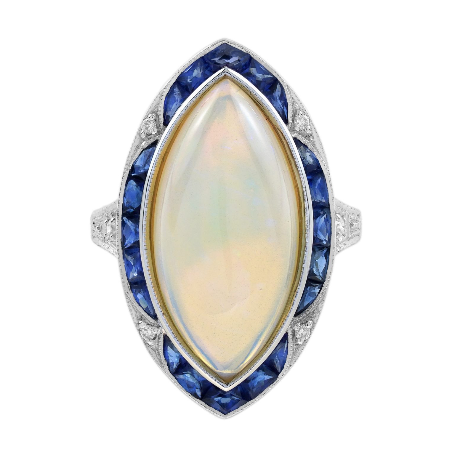 6.55 Ct. Marquise Opal Blue Sapphire Diamond Art Deco Style Cocktail Ring