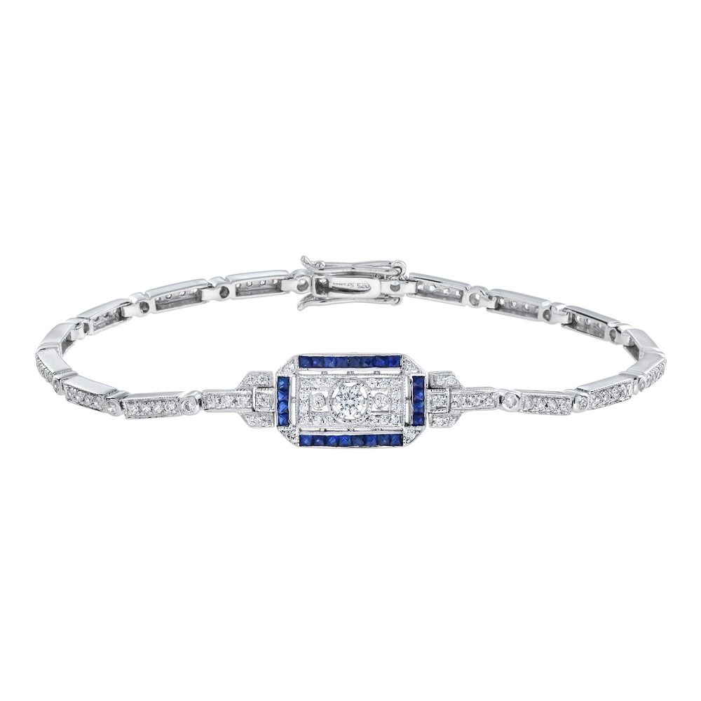 Diamond Sapphire Art Deco Style Rectangular Openwork Bracelet