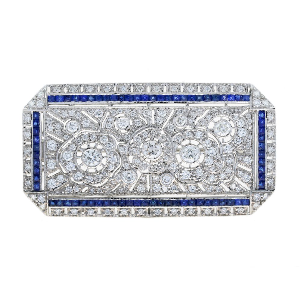 Blue Sapphire and Diamond Antique Style Brooch