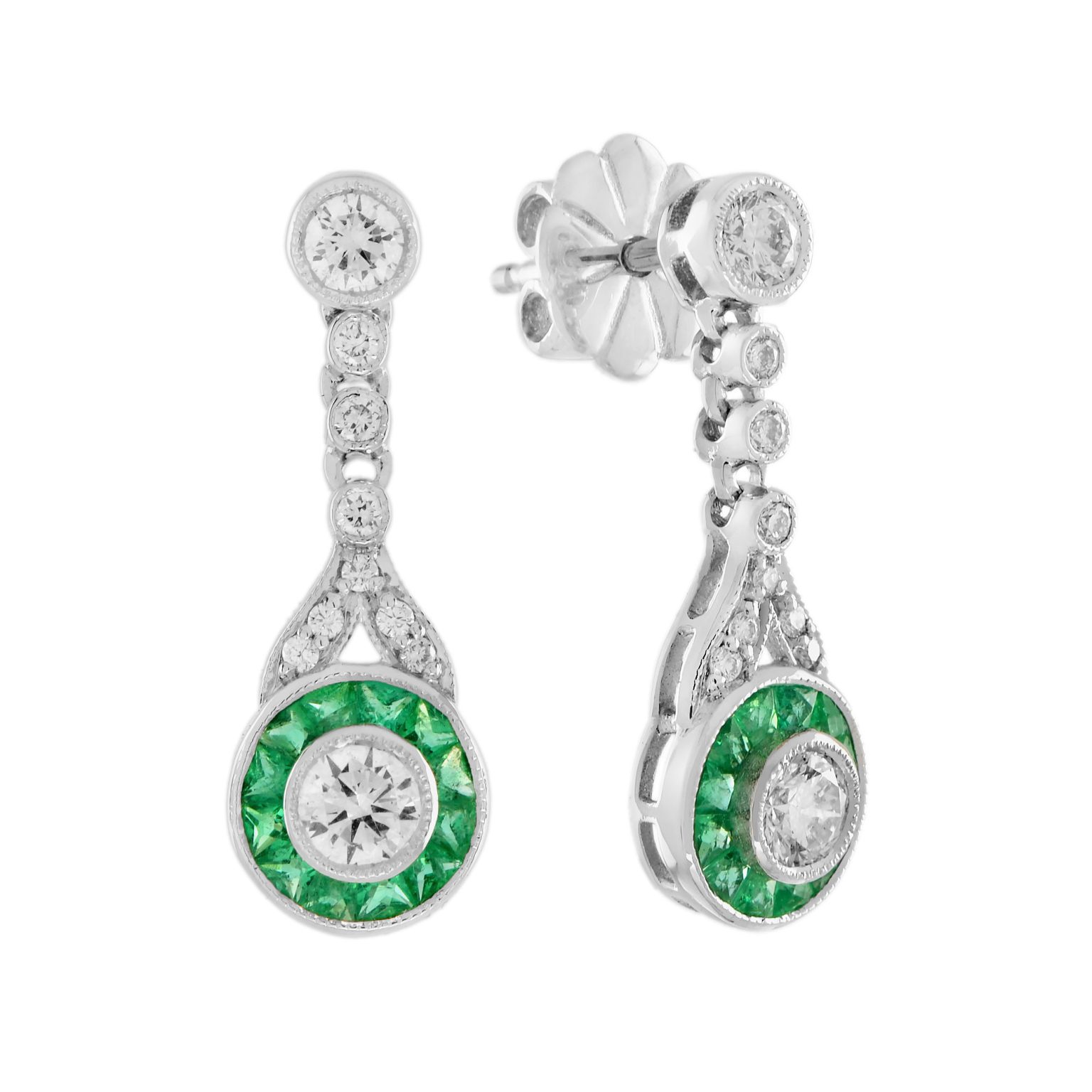 Diamond and Emerald Art Deco Style Drop Earrings