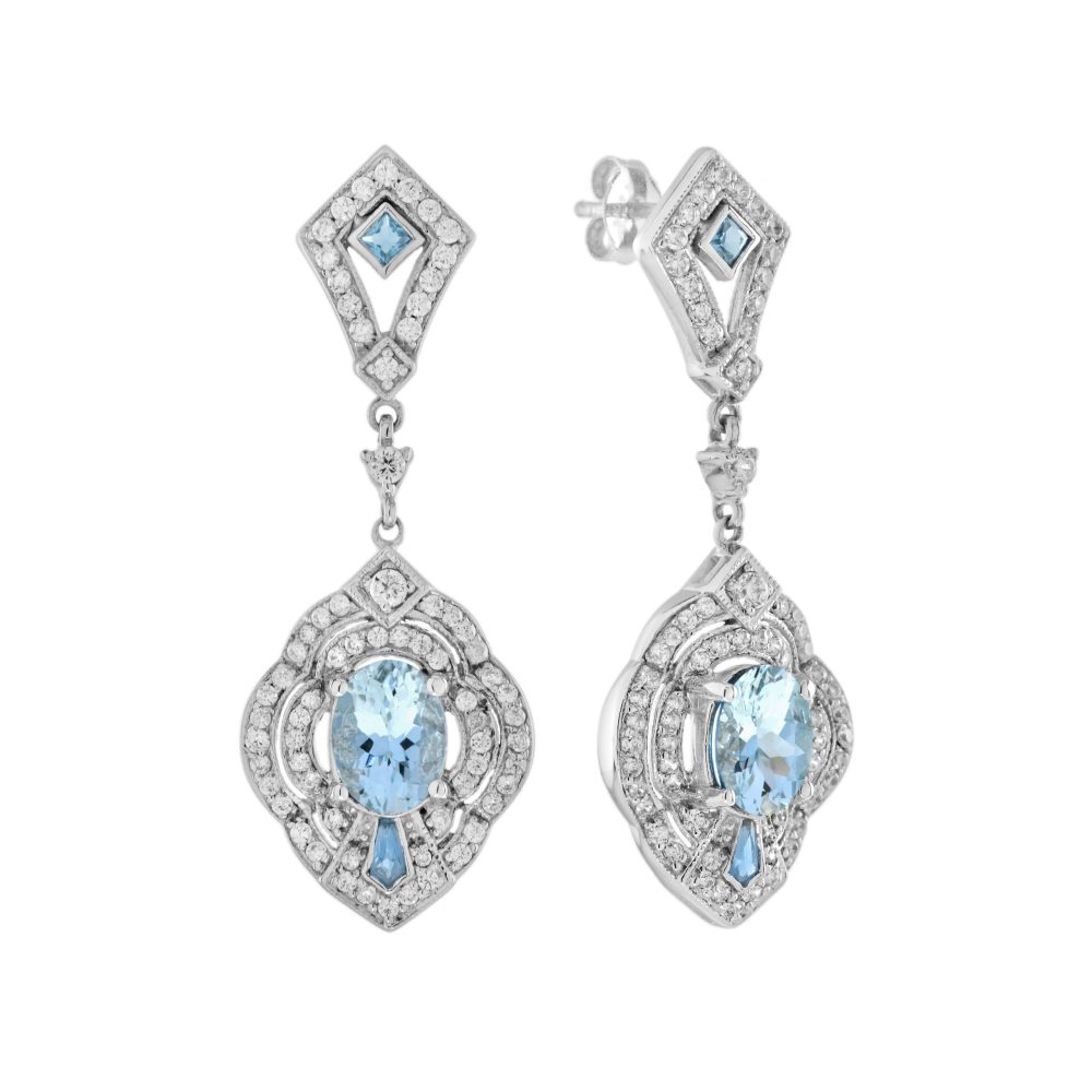 Aquamarine and Diamond Art Deco Style Drop Earrings