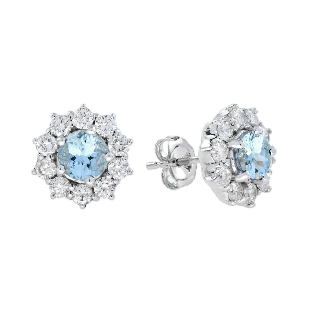 Aquamarine and Diamond Halo Classic Style Stud Earrings