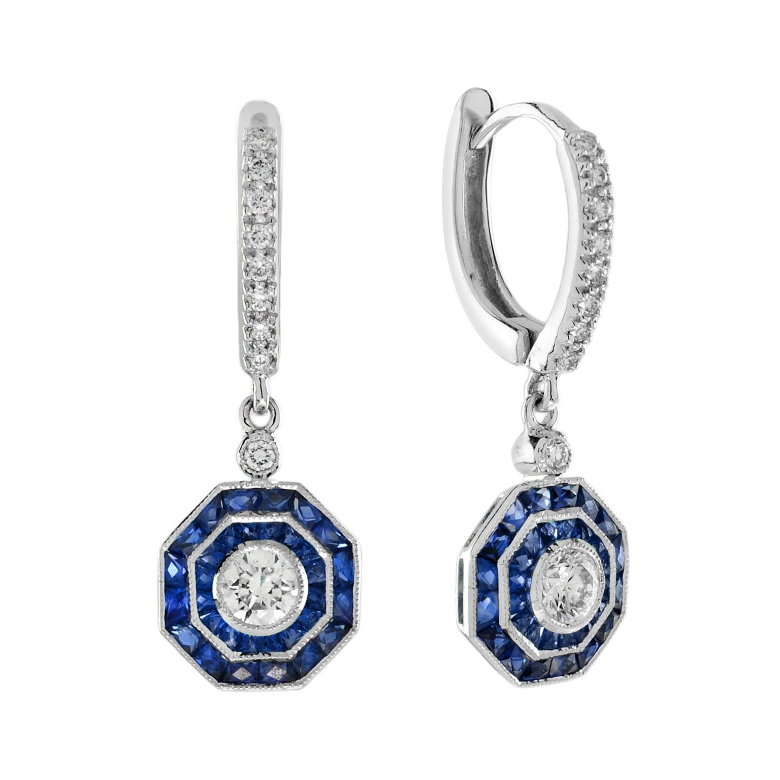 Diamond and Blue Sapphire Art Deco Style Drop Earrings