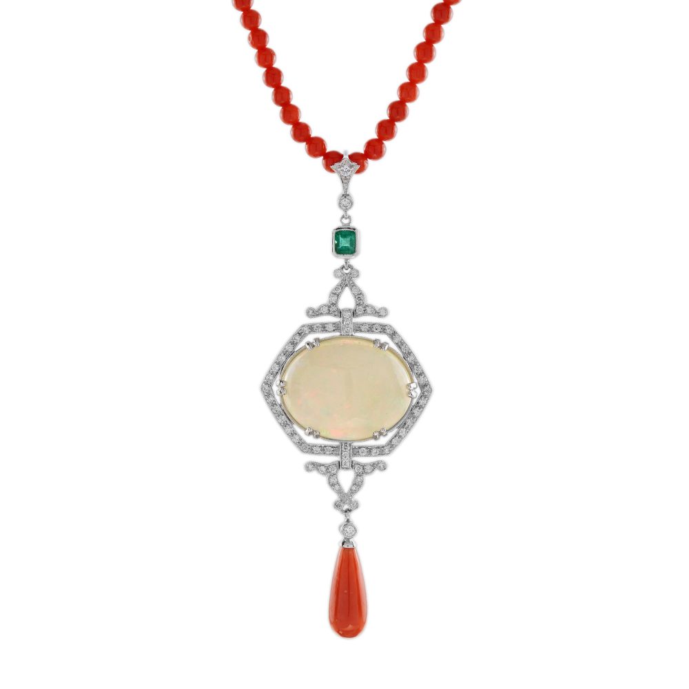 12.42 Ct. Ethiopian Opal Coral Emerald Diamond Art Deco Style Necklace
