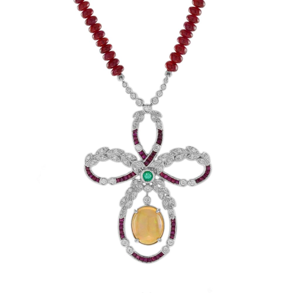 3.24 Ct. Ethiopian Opal Ruby Emerald Diamond Edwardian Style Necklace