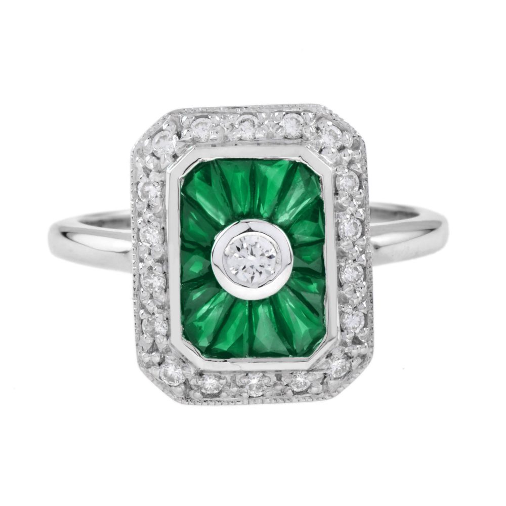 Diamond and Emerald Halo Art Deco Style Engagement Ring