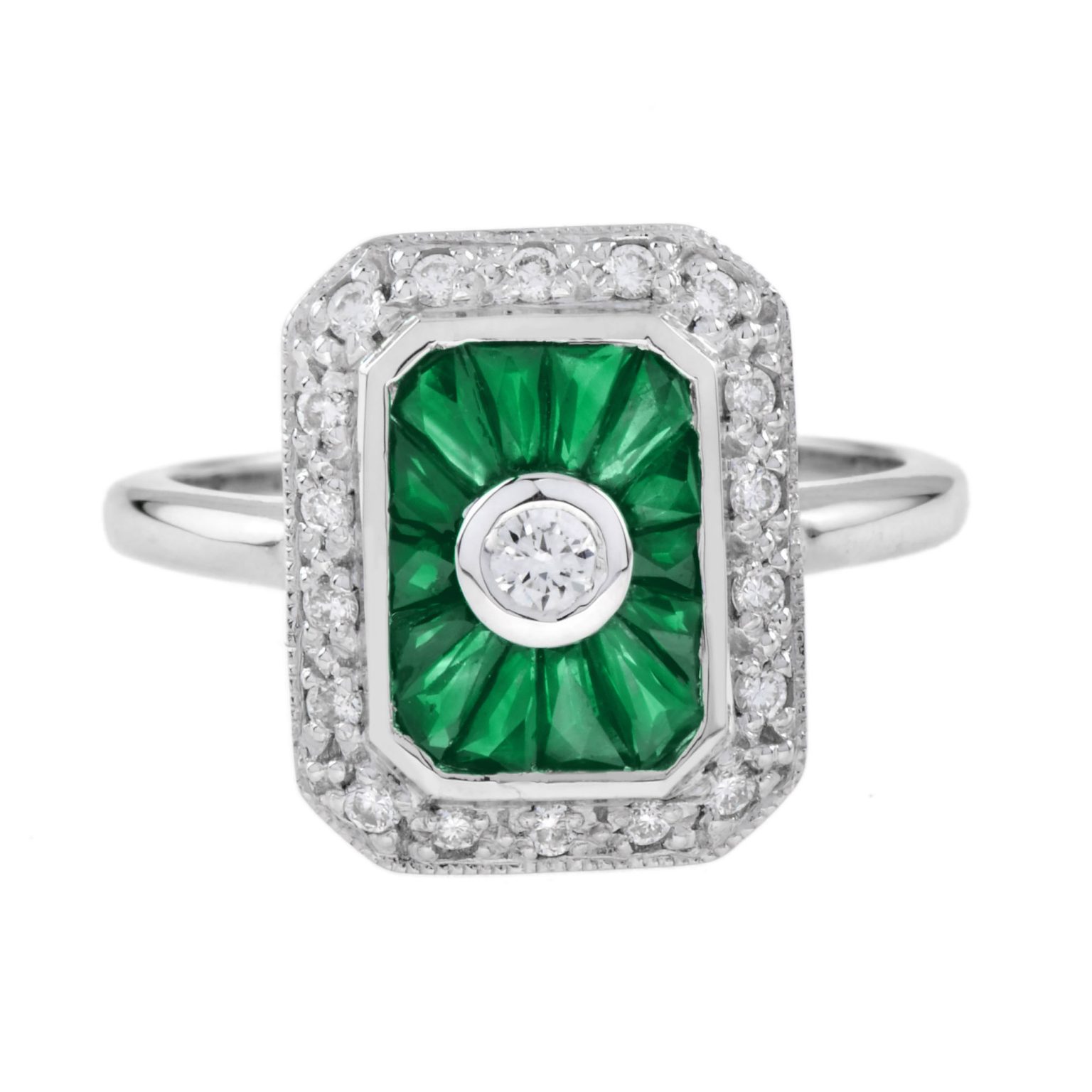 Diamond and Emerald Halo Art Deco Style Engagement Ring