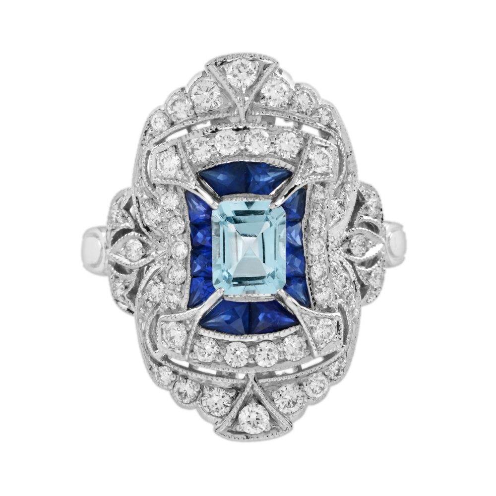 Aquamarine Blue Sapphire Diamond Art Deco Style Dinner Ring
