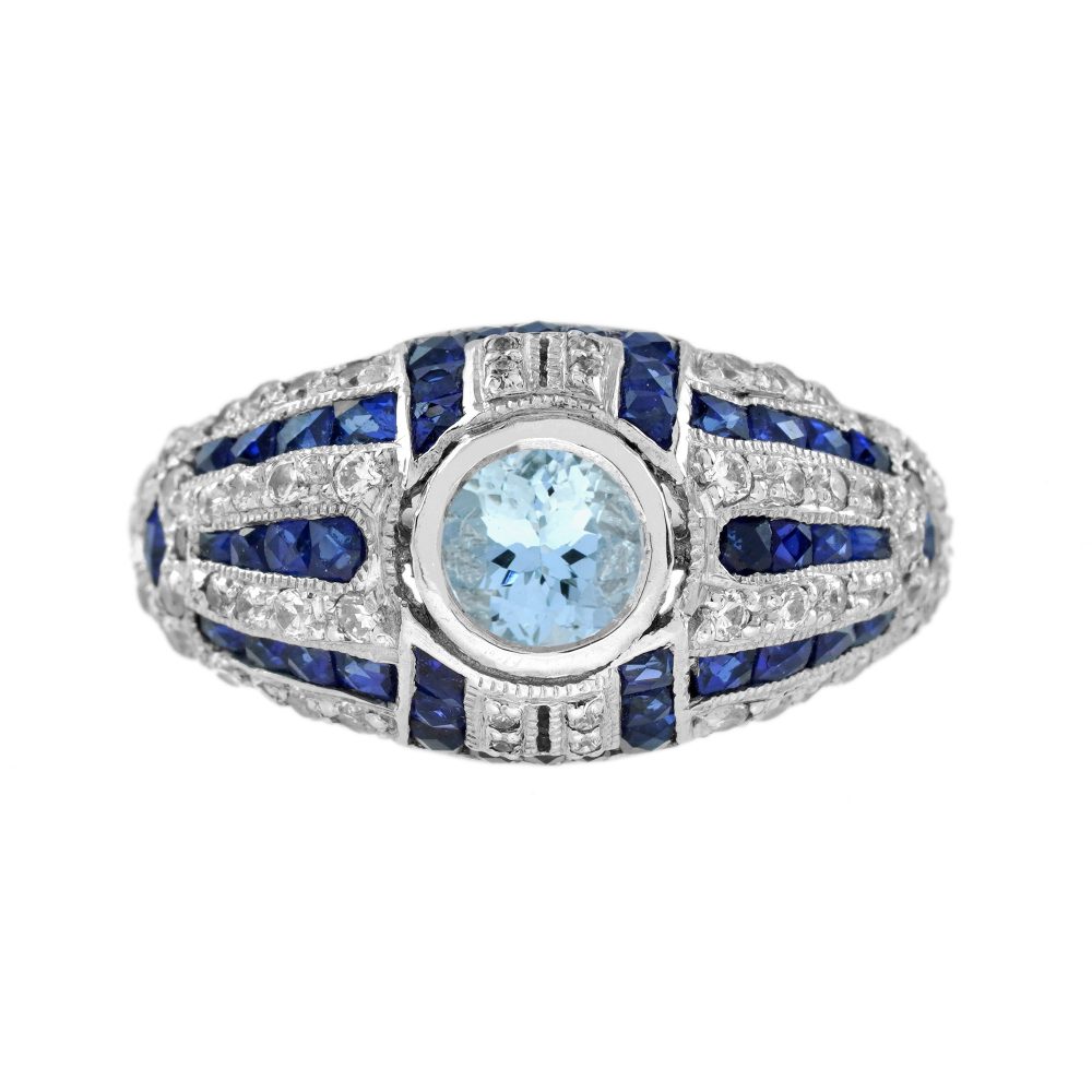 Aquamarine Blue Sapphire Diamond Art Deco Style Dome Ring