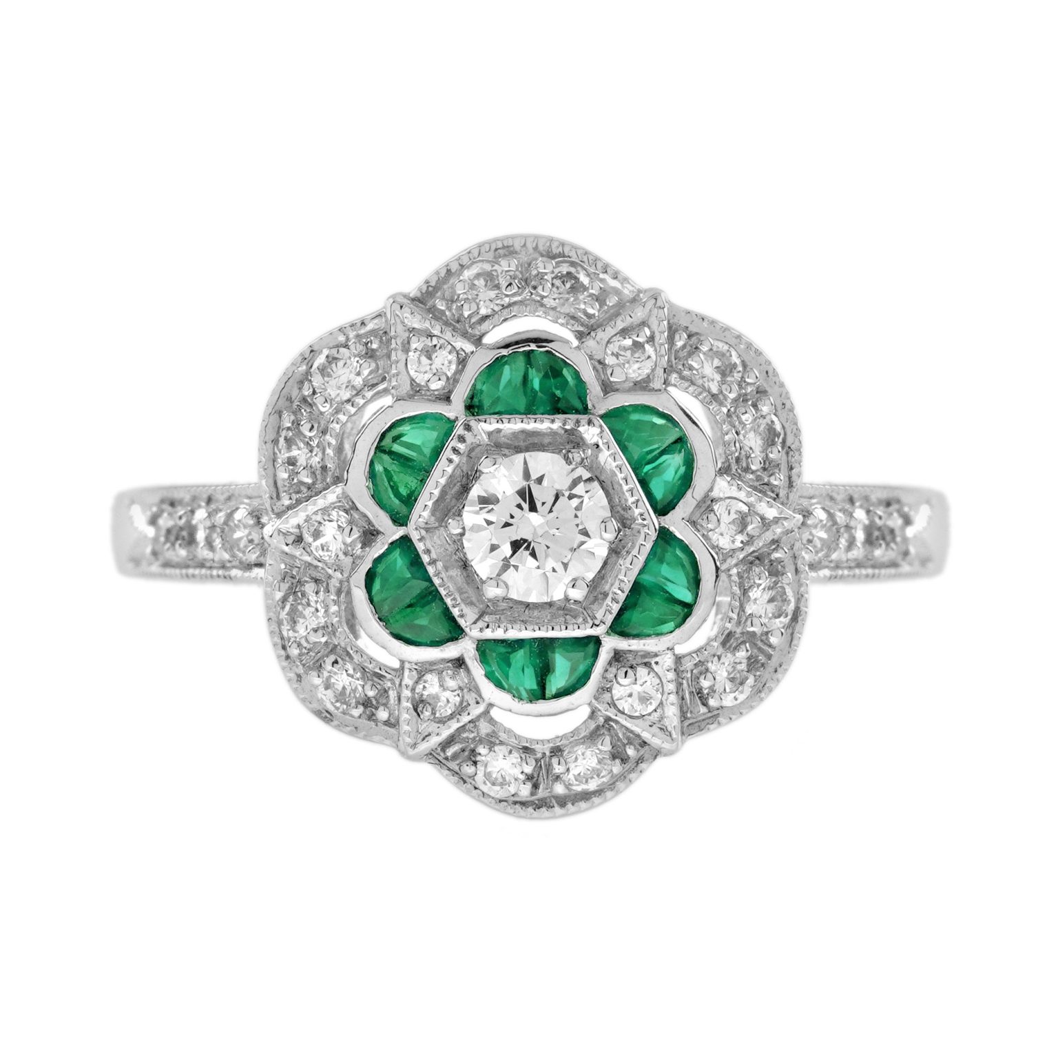 Diamond and Emerald Art Deco Style Floral Engagement Ring