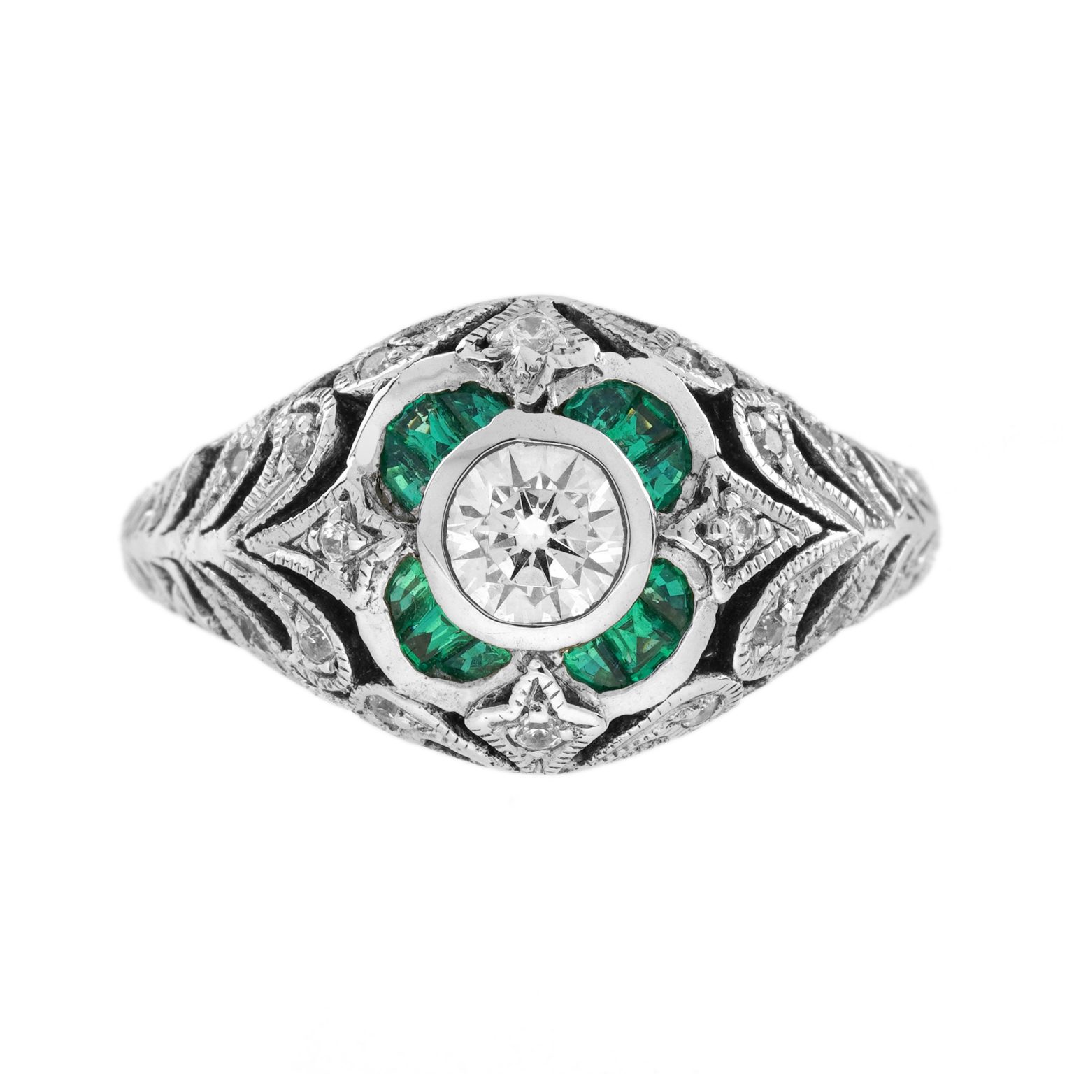 Diamond and Emerald Art Deco Style Floral Engraved Ring