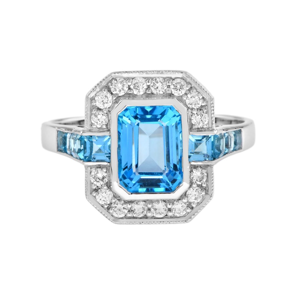 Swiss Blue Topaz and Diamond Art Deco Style Engagement Ring