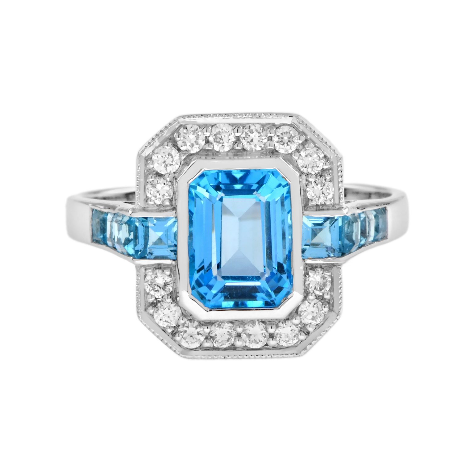 Swiss Blue Topaz and Diamond Art Deco Style Engagement Ring