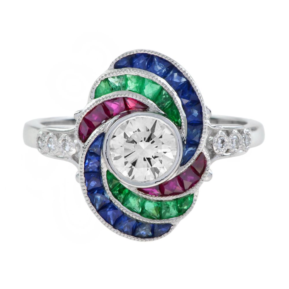 0.55 Ct. Diamond Ruby Emerald Sapphire Swirl Art Deco Style Ring