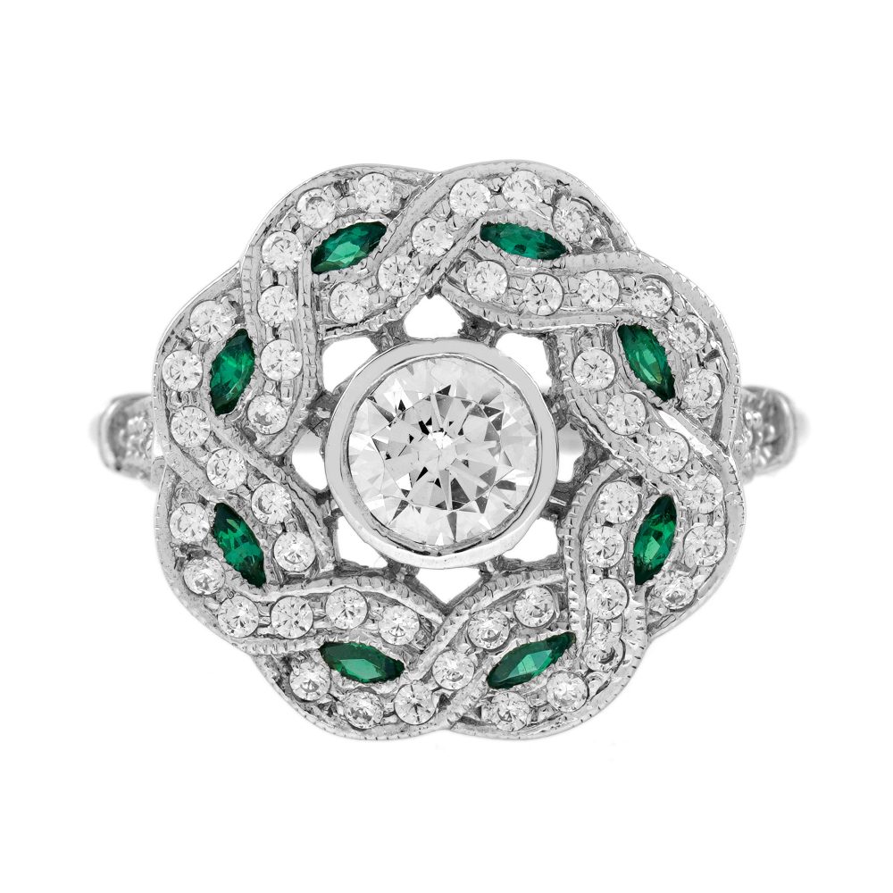Diamond and Emerald Art Deco Style Curl Ring