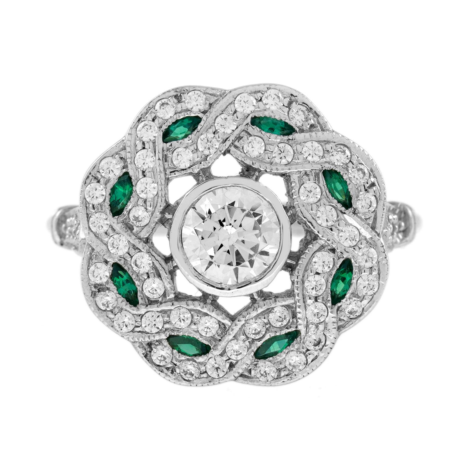 Diamond and Emerald Art Deco Style Curl Ring