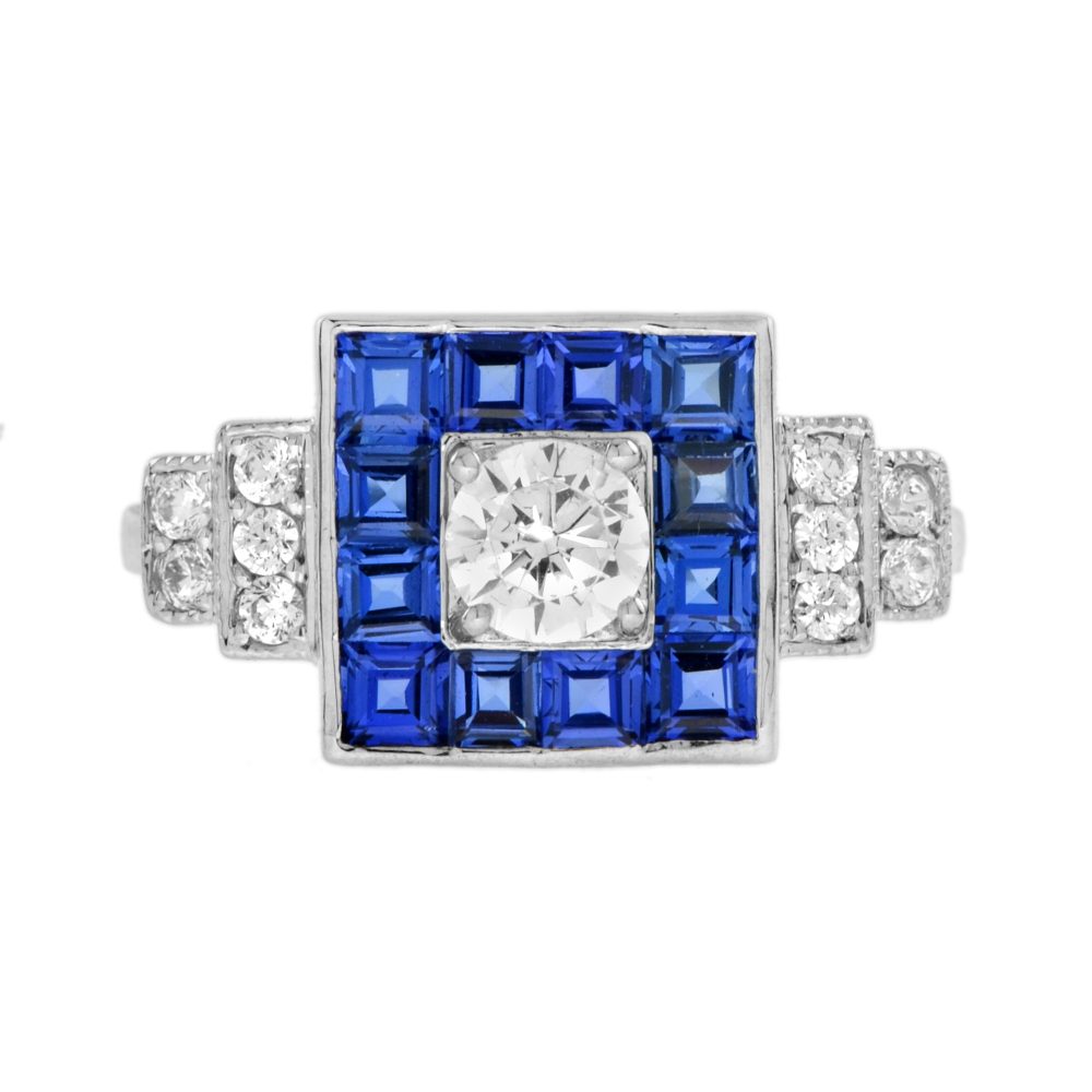 Diamond and Blue Sapphire Art Deco Style Square Shape Engagement Ring