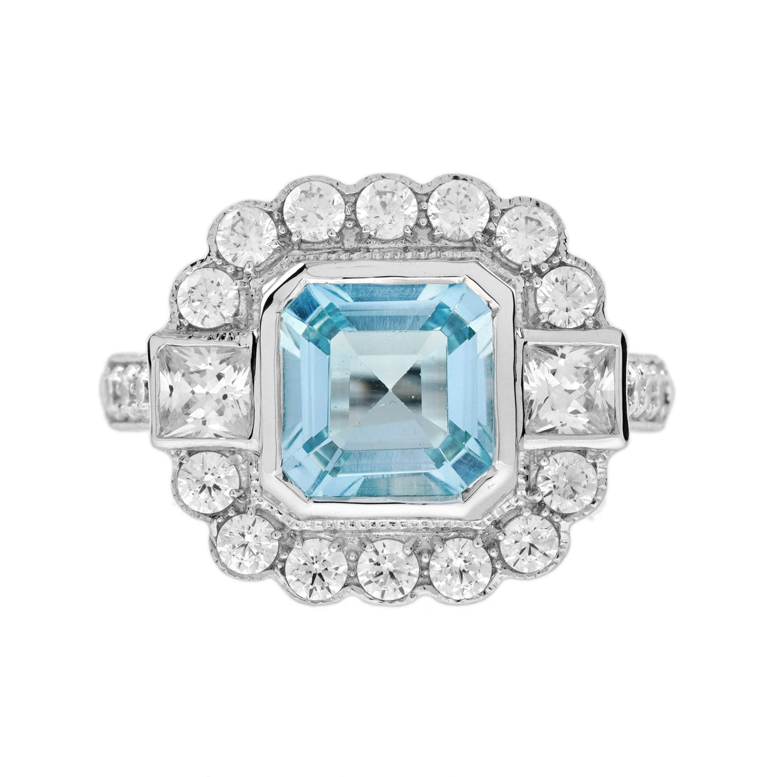 Aquamarine and Diamond Halo Art Deco Style Engagement Ring