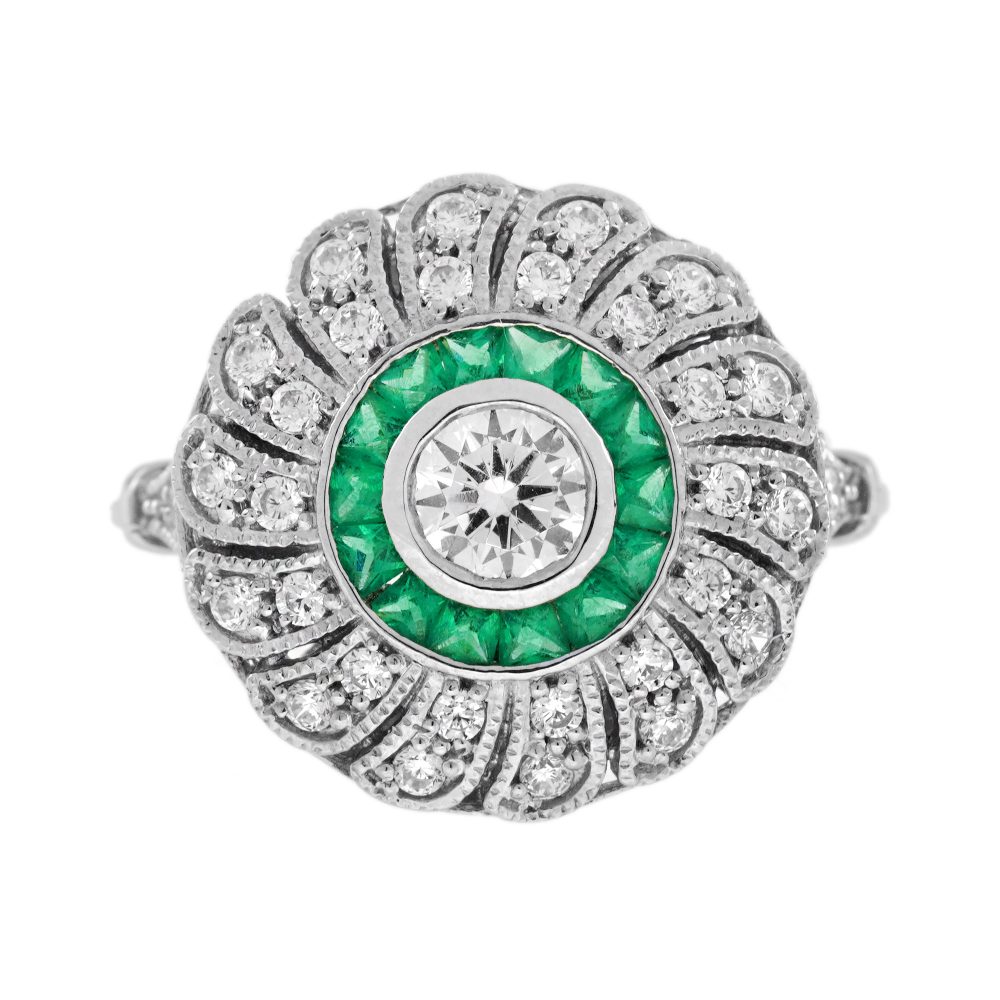 Diamond and Emerald Art Deco Style Strand Engagement Ring
