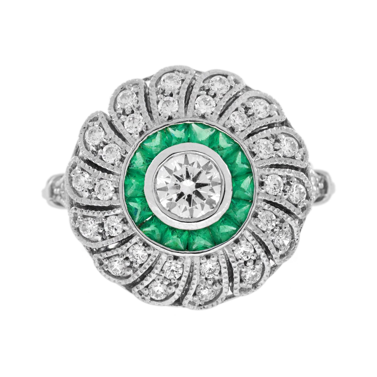 Diamond and Emerald Art Deco Style Strand Engagement Ring