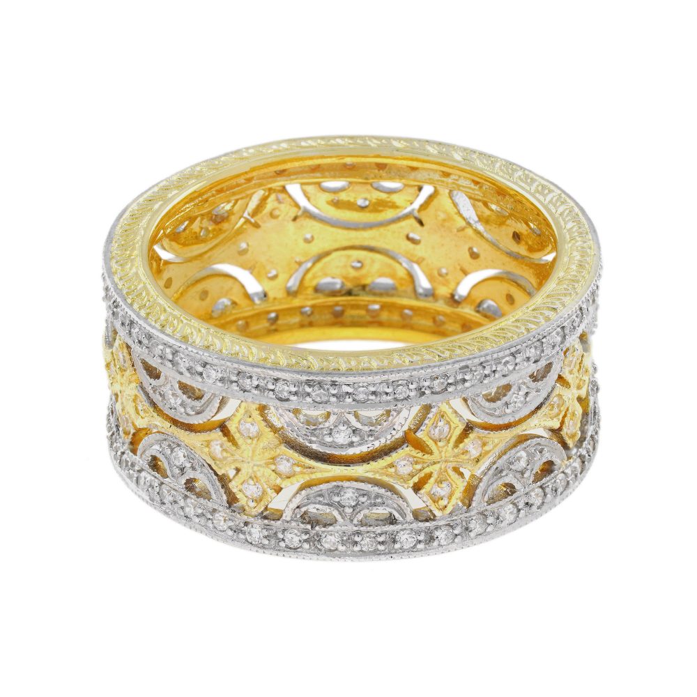 Diamond Floral Wide Wedding Band Stackable Ring in Two Tone Gold
