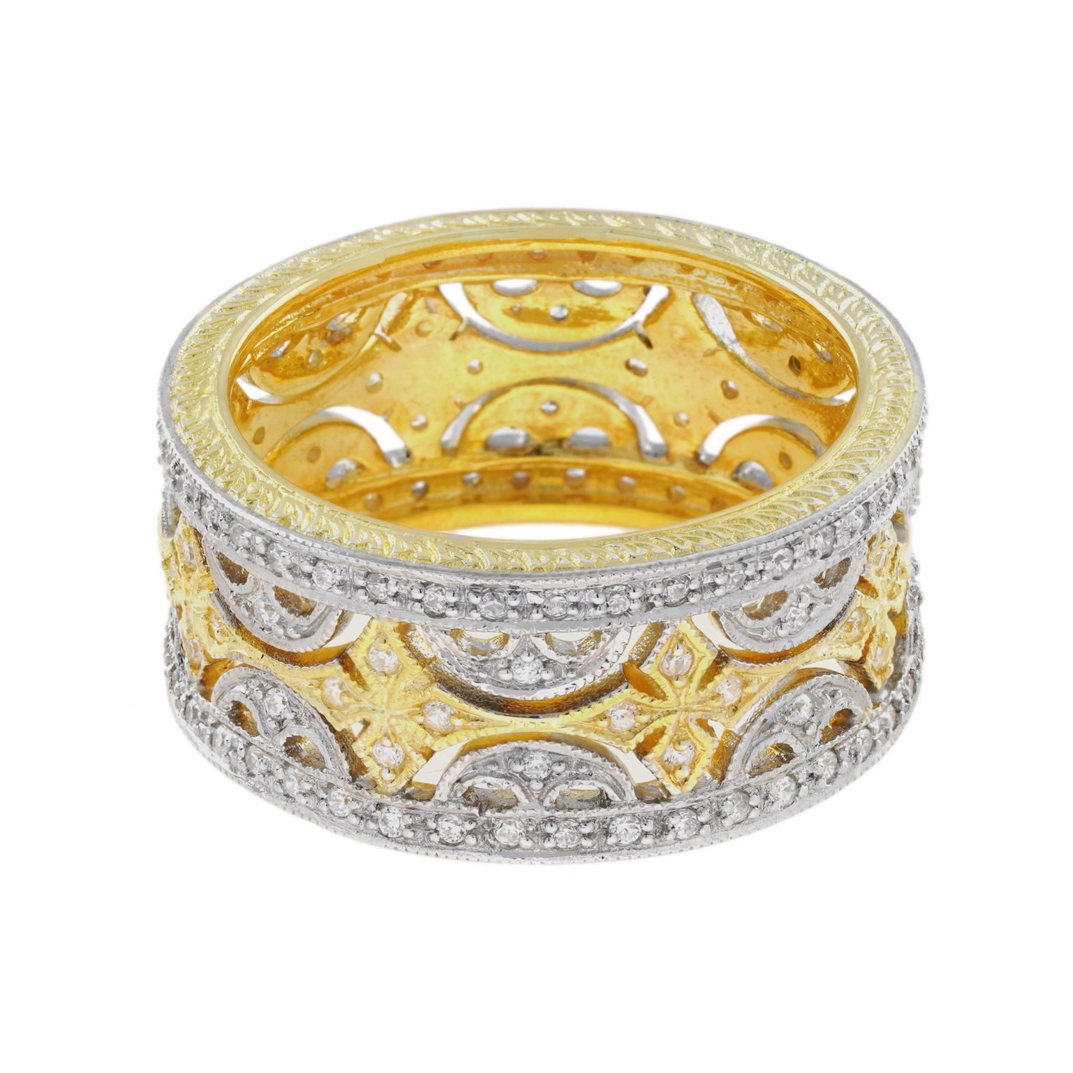Diamond Floral Wide Wedding Band Stackable Ring in Two Tone Gold