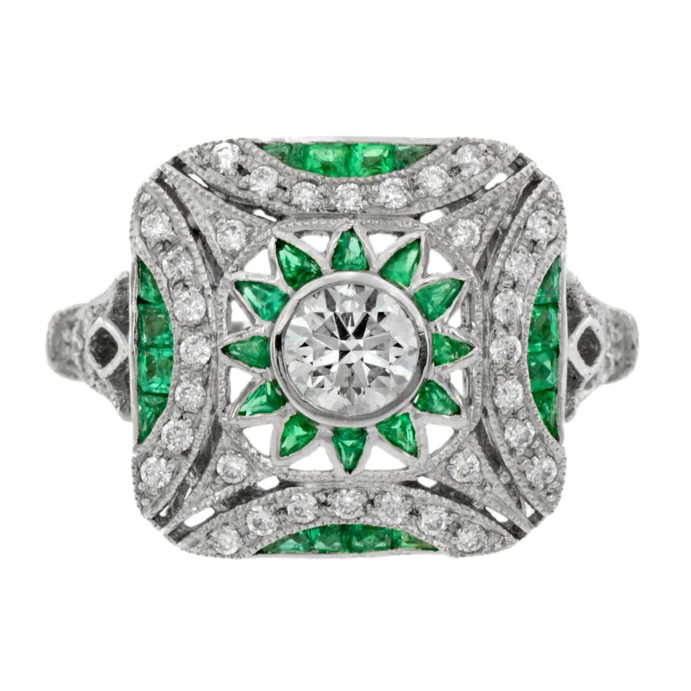 Diamond and Emerald Art Deco Style Engagement Ring