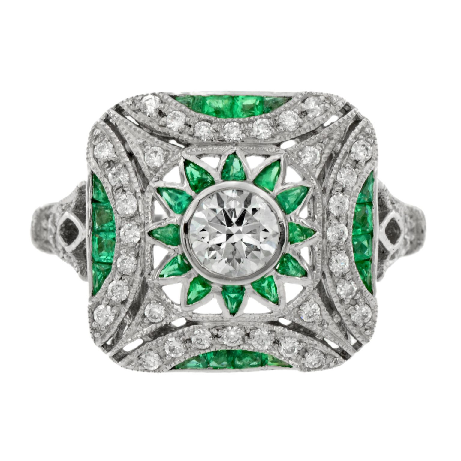 Diamond and Emerald Art Deco Style Engagement Ring