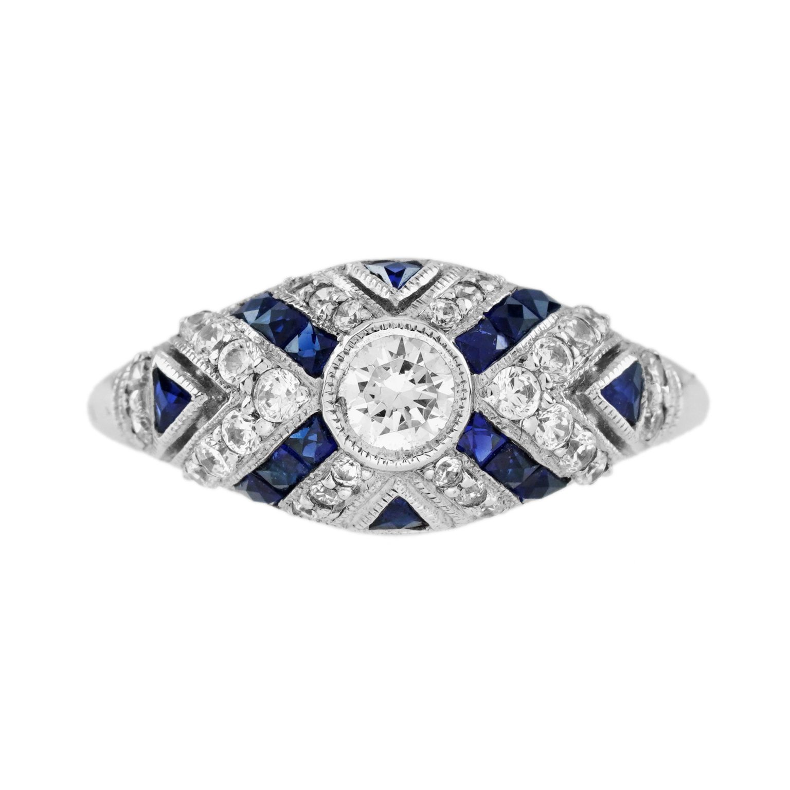 Diamond and Blue Sapphire Art Deco Style Engagement Ring