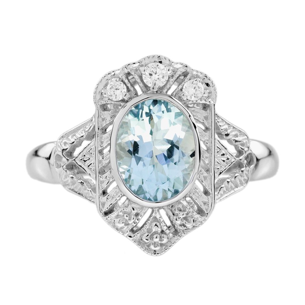 Aquamarine and Diamond Art Deco Style Engagement Ring
