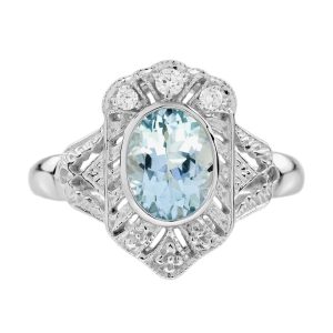 Aquamarine and Diamond Art Deco Style Engagement Ring