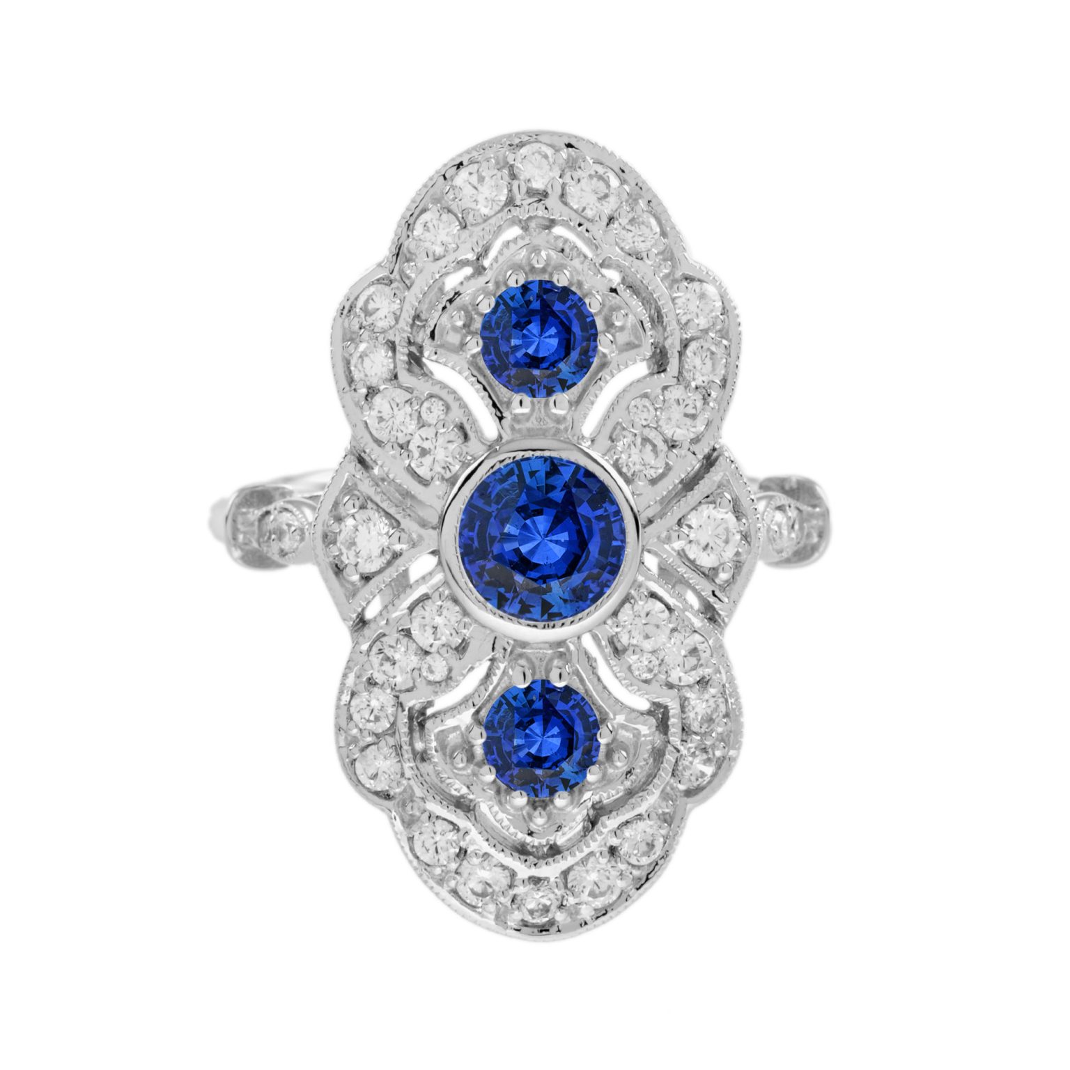 Ceylon Sapphire Diamond Art Deco Style Three Stone Dinner Ring