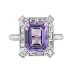 Emerald Cut Pink Amethyst and Diamond Halo Art Deco Style Ring