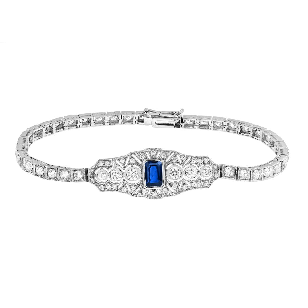 Blue Sapphire and Diamond Art Deco Style Bracelet