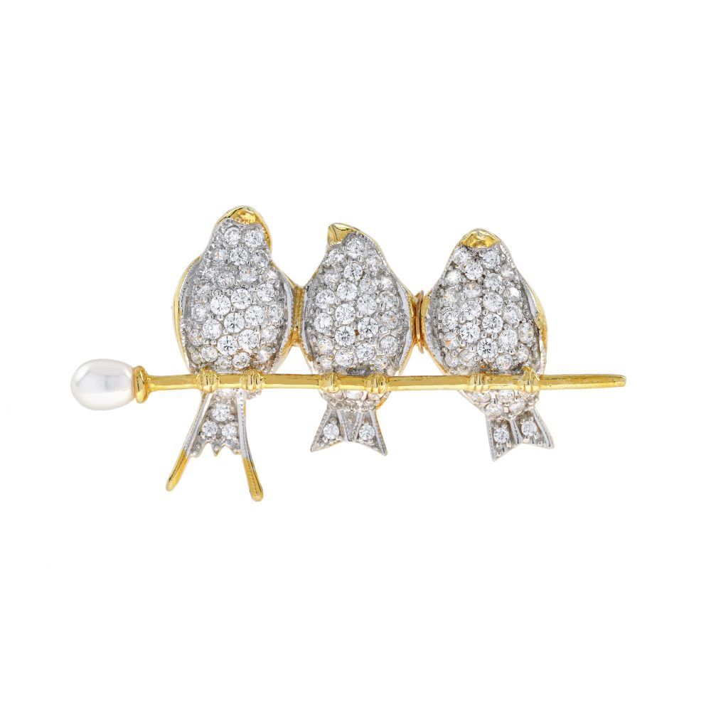 Diamond Birds on a Pearl Branch Vintage Style Brooch in Two Tone Gold