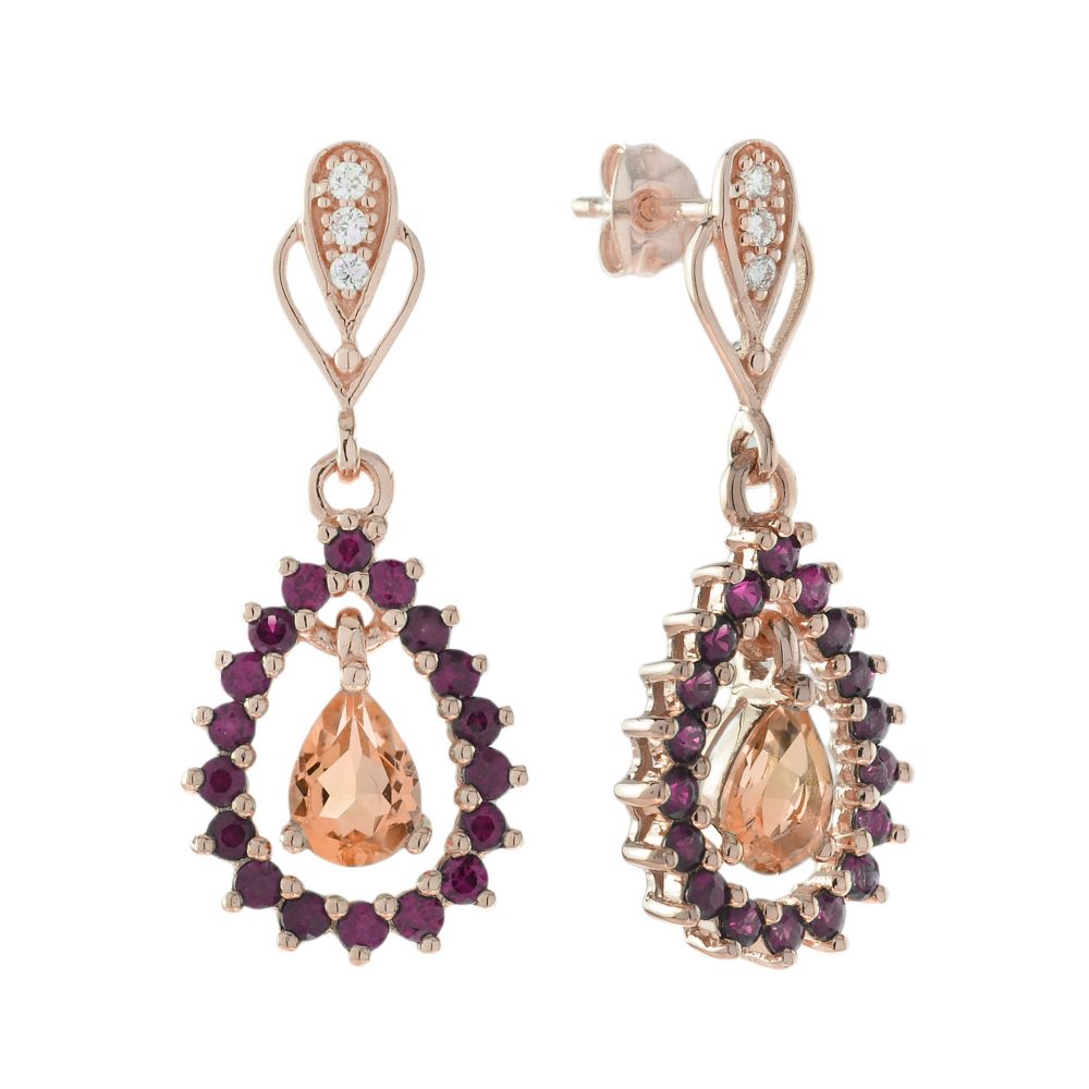 Morganite Ruby Diamond Art Deco Style Drop Earrings
