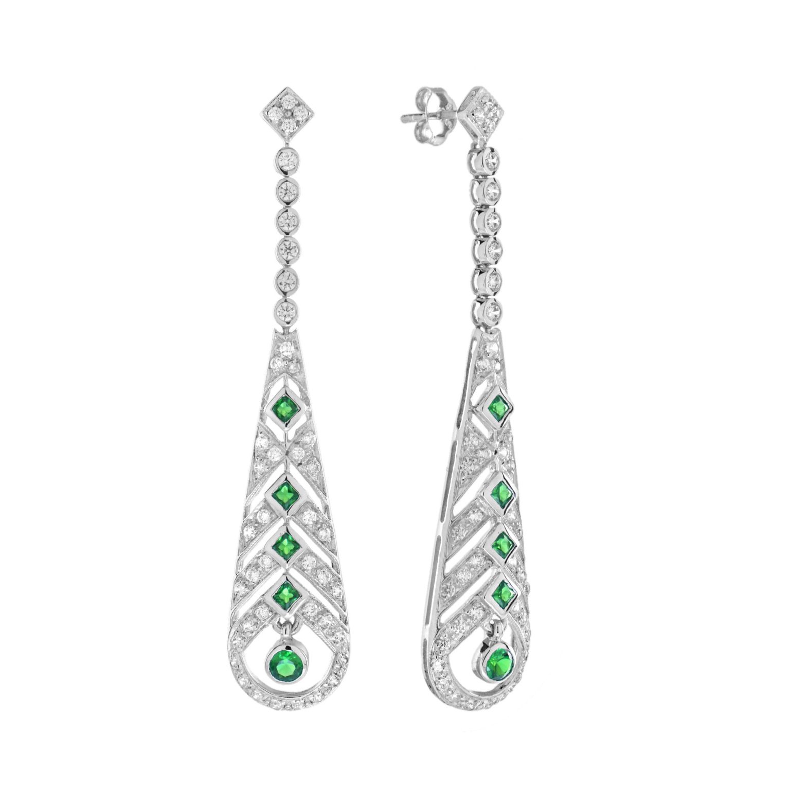 Emerald and Diamond Art Deco Style Drop Earrings