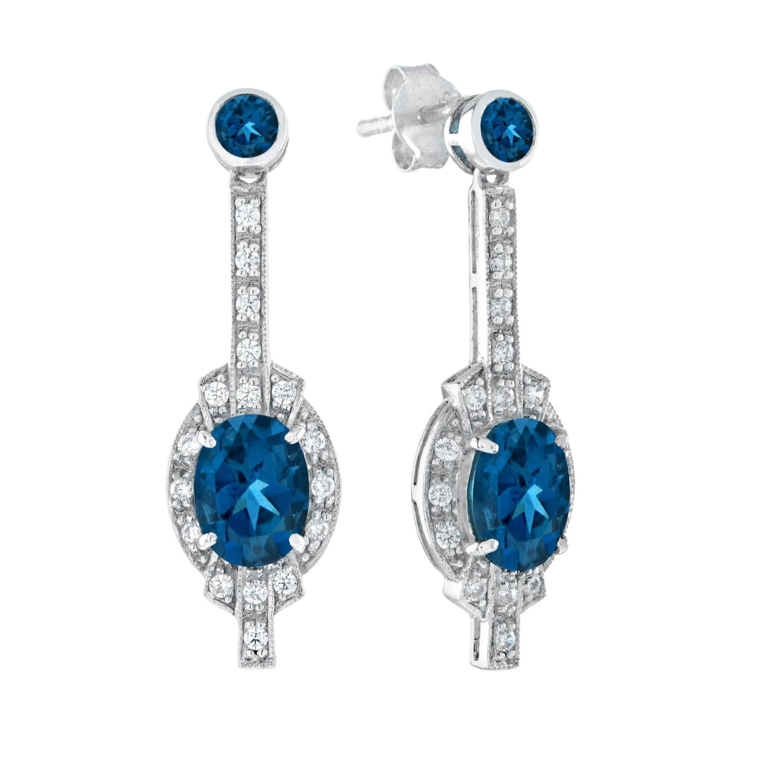 London Blue Topaz and Diamond Art Deco Style Drop Earrings