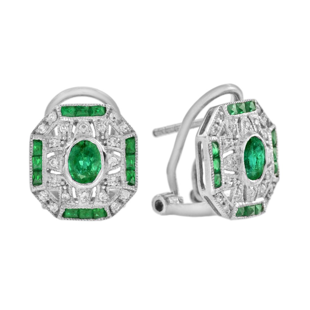 Emerald and Diamond Art Deco Style Omega Earrings