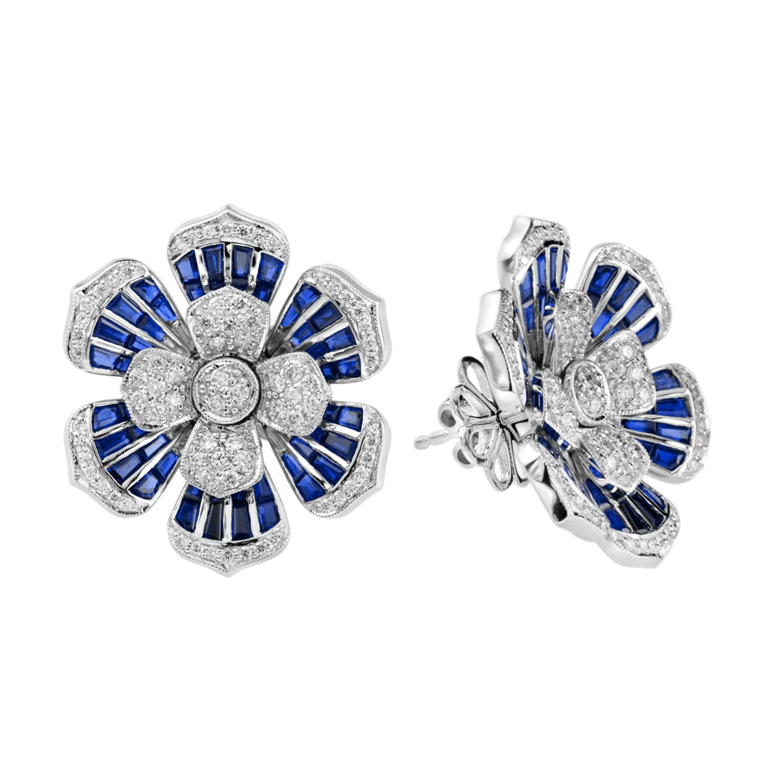 Elegant Diamond and Blue Sapphire Floral Stud Earrings