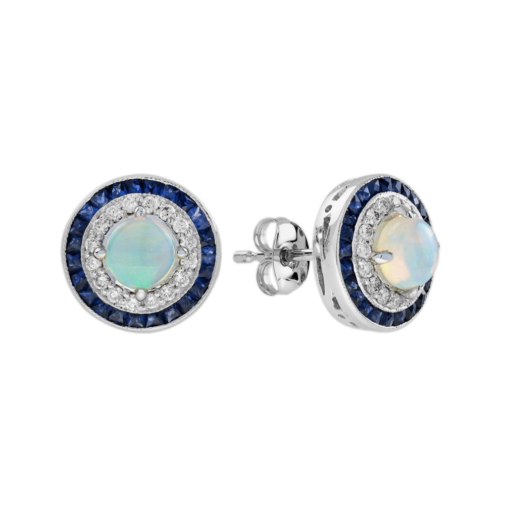 Solid Opal Diamond Sapphire Double Halo Stud Earrings