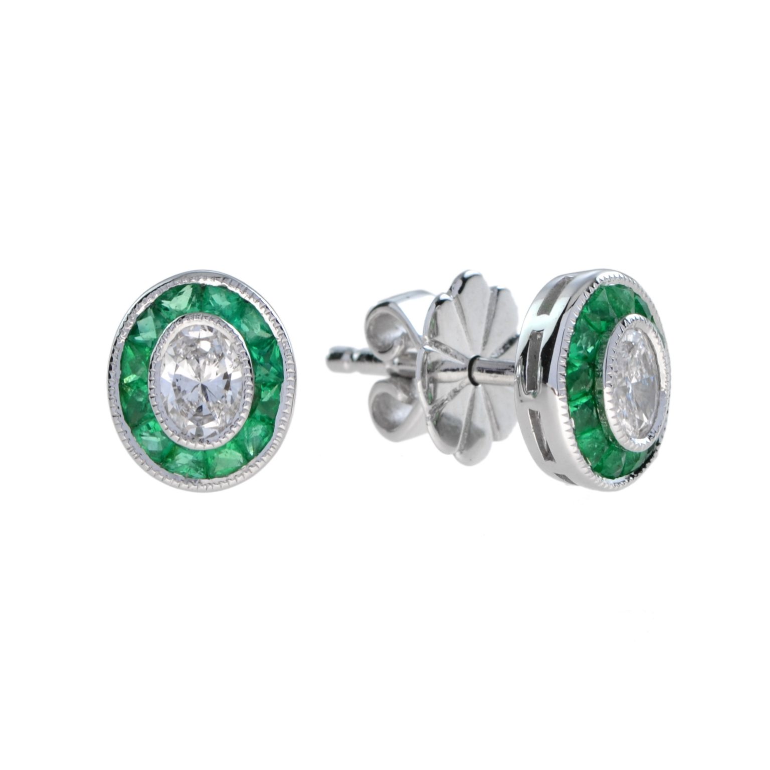 Diamond and Emerald Art Deco Style Target Stud Earrings