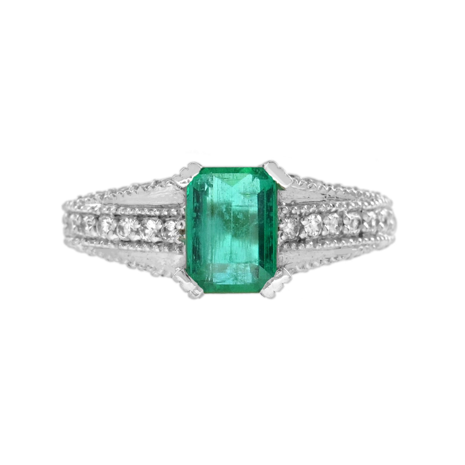 Emerald and Diamond Art Deco Style Solitaire Engagement Ring