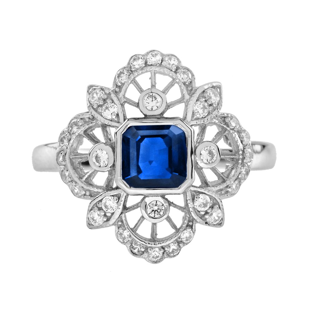 Blue Sapphire and Diamond Antique Style Engagement Ring