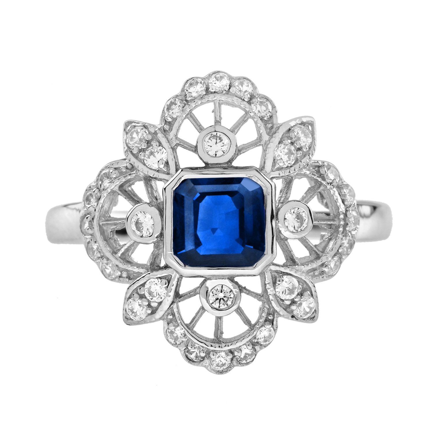 Blue Sapphire and Diamond Antique Style Engagement Ring