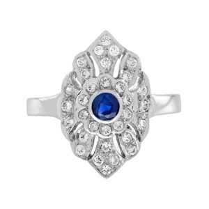 Blue Sapphire and Diamond Antique Style Engagement Ring