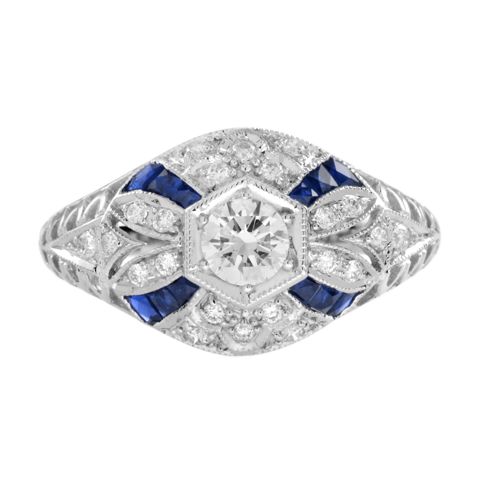 Diamond and Blue Sapphire Art Deco Style Engagement Ring