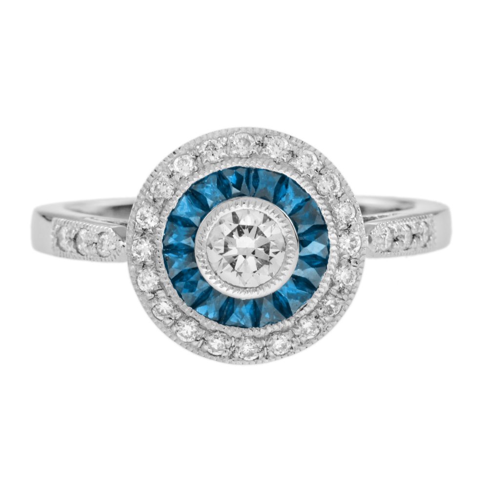 Diamond and London Blue Topaz Art Deco Style Target Engagement Ring