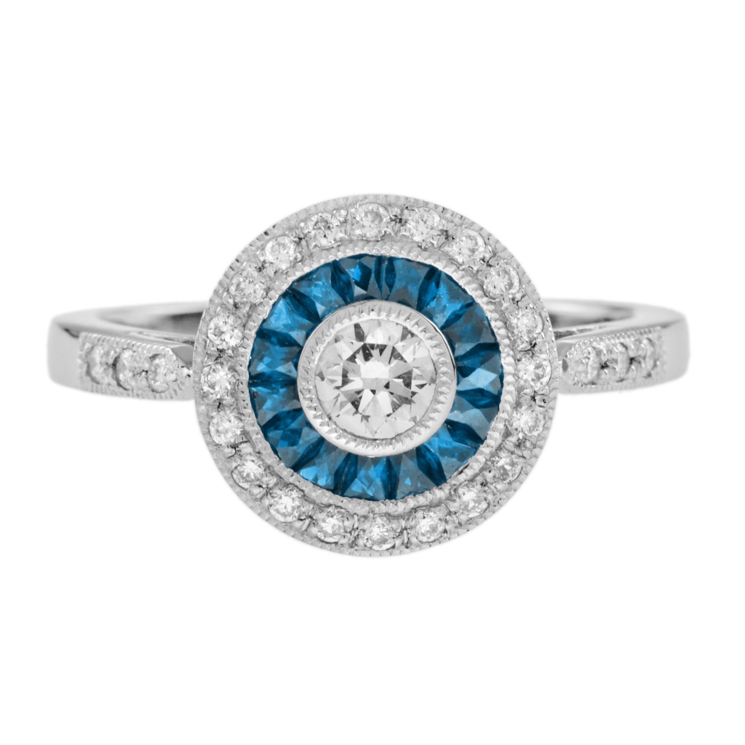 Diamond and London Blue Topaz Art Deco Style Target Engagement Ring