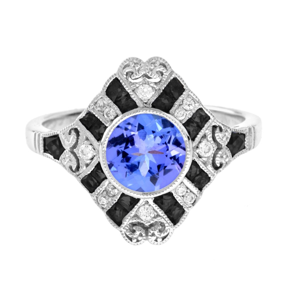 Tanzanite Diamond and Onyx Art Deco Style Ring